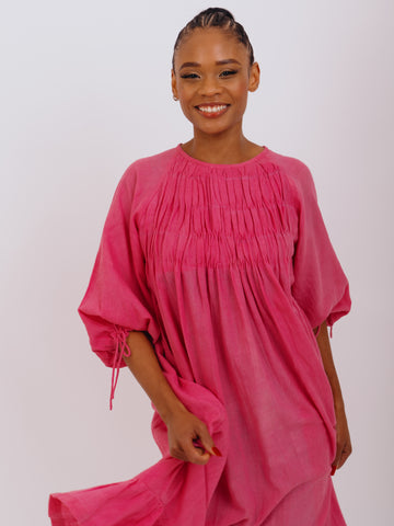 balloon sleeve pink dress Anewsta Elegant Women's Balloon Sleeve Waist Cinched Pink Loose Flare Dress, Courtly Style