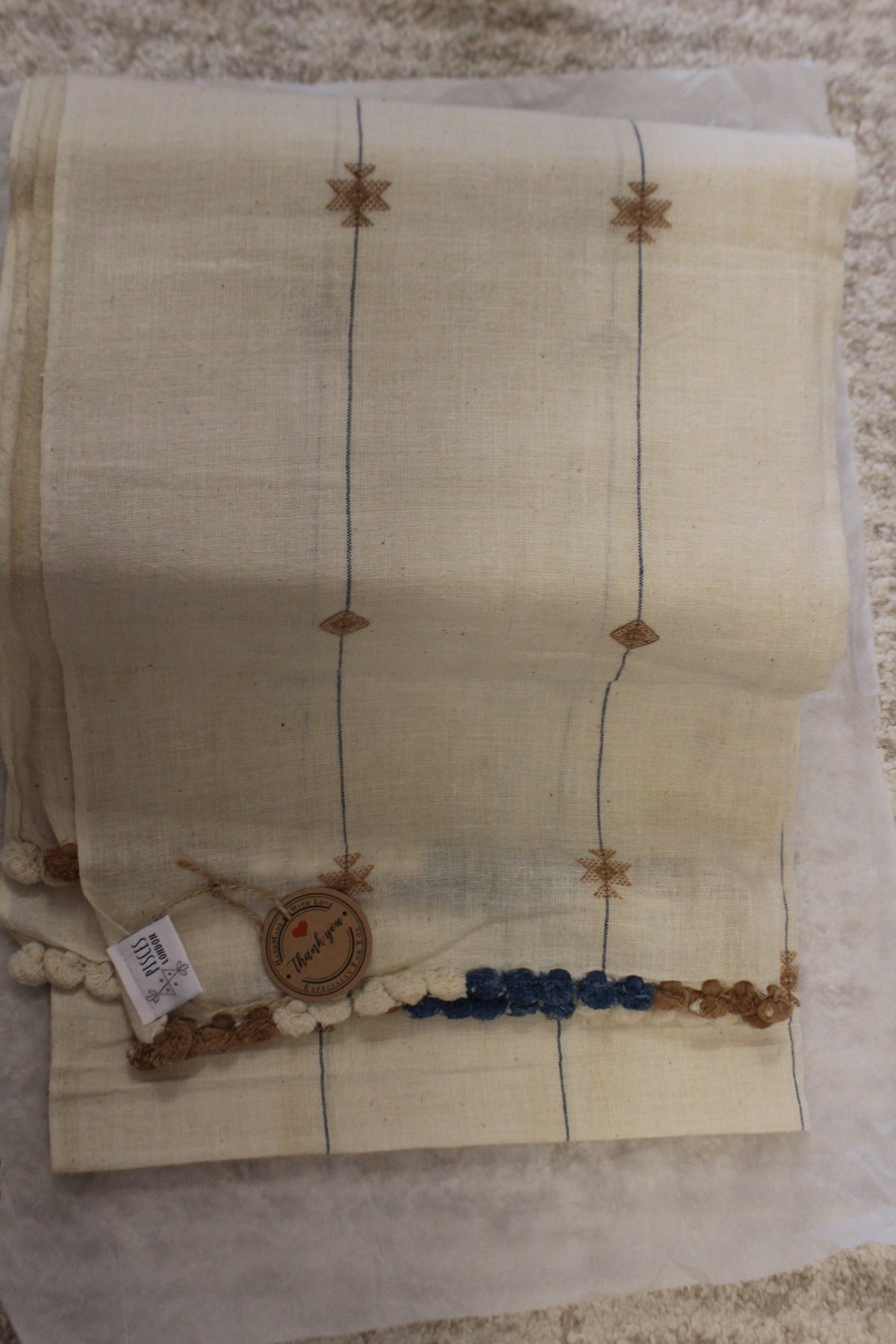 Off White with Brown Pattern Hand Woven Kala Cotton Scarf with Bauble Tassels (23" X 22")