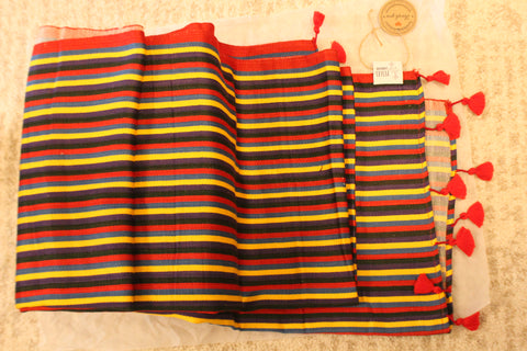 Multicoloured Stripe Hand Woven Mashru Scarf with Tassels