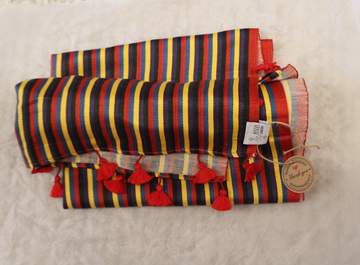 Multicoloured Stripe Hand Woven Mashru Scarf with Tassels