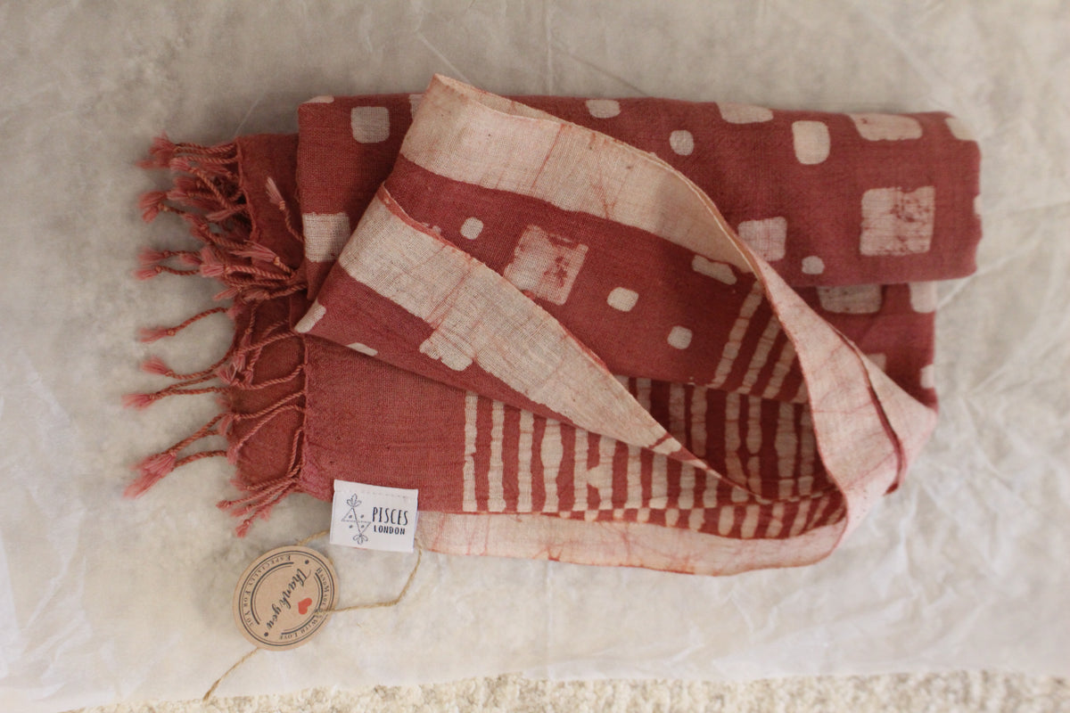 Subtle Pink Ajrakh Block Print Organic Cotton Scarf with Tussles (82" X 22")