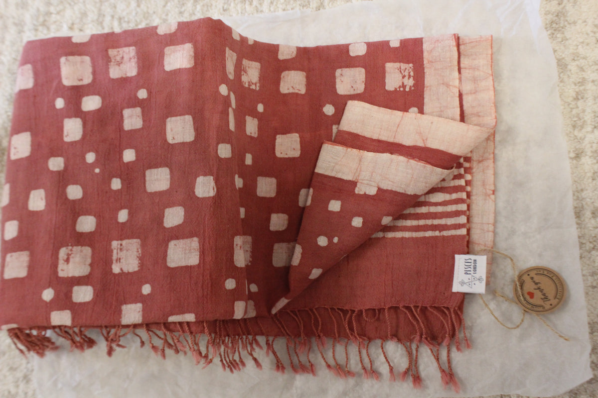 Subtle Pink Ajrakh Block Print Organic Cotton Scarf with Tussles (82" X 22")