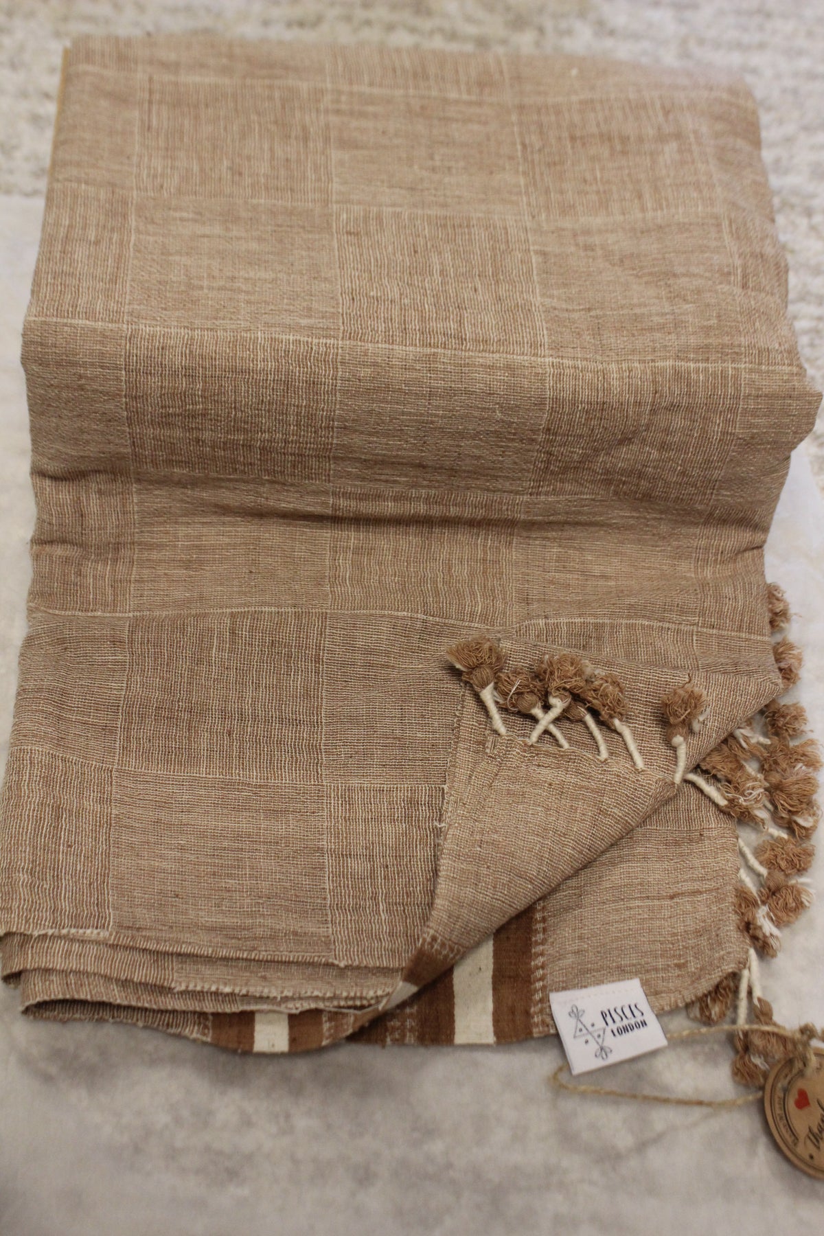 Brown Textured Organic Kala Cotton with Border Stripe Pattern & Tassels (89" X 22")